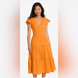Draper James Orange V-Neck Tiered Midi Dress